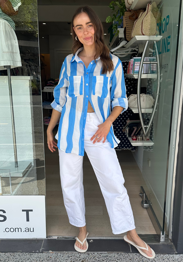 Load image into Gallery viewer, SHAE BUTTON THROUGH SHIRT - BLUE & WHITE STRIPE