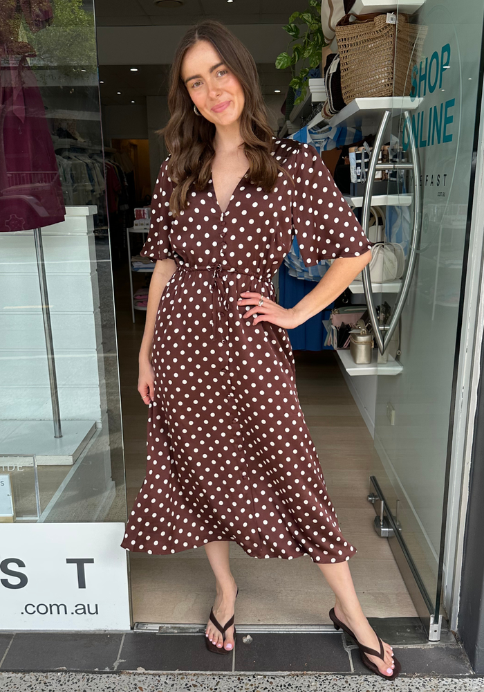 Load image into Gallery viewer, FEATHER + NOISE JACKIE DRESS - CHOC/CREAM SPOT