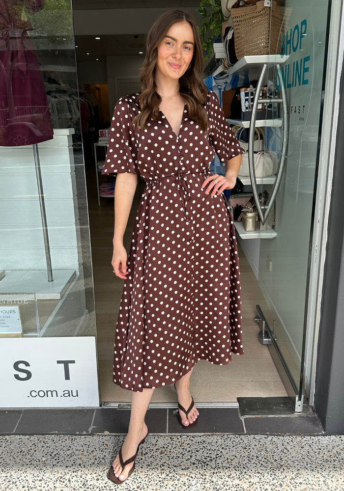 Load image into Gallery viewer, FEATHER + NOISE JACKIE DRESS - CHOC/CREAM SPOT