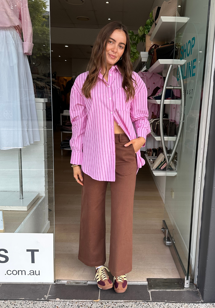 Load image into Gallery viewer, FEATHER + NOISE EMILY SHIRT - PINK BURGUNDY STRIPE