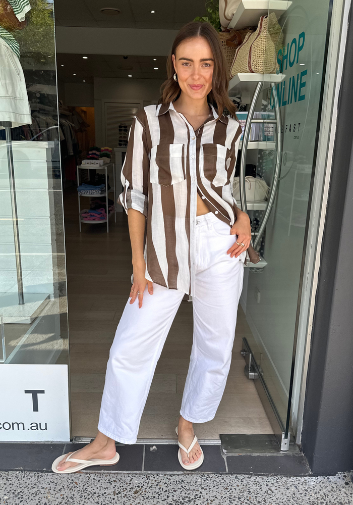 Load image into Gallery viewer, SHAE BUTTON THROUGH SHIRT - CHOCOLATE & WHITE STRIPE