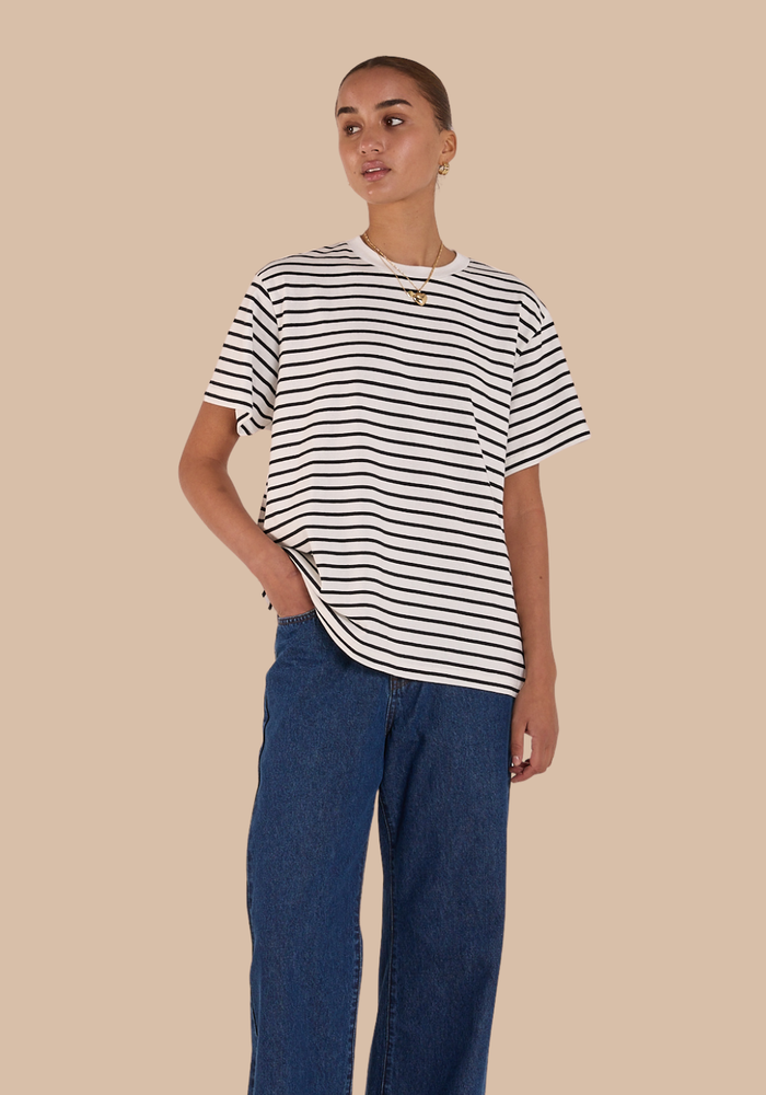 Load image into Gallery viewer, FEATHER + NOISE CARTER TEE - BLACK AND WHITE STRIPE