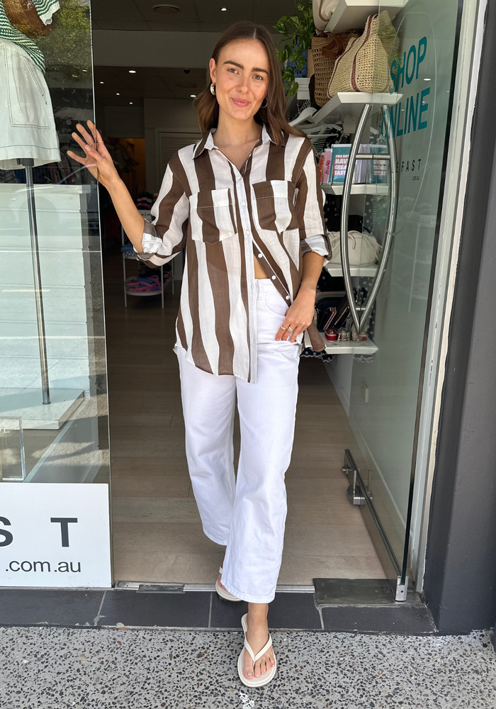 Load image into Gallery viewer, SHAE BUTTON THROUGH SHIRT - CHOCOLATE & WHITE STRIPE