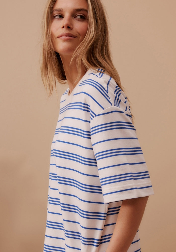 Load image into Gallery viewer, CERES LIFE CLEO MINI TERRY DRESS - WHITE & AZURE STRIPE