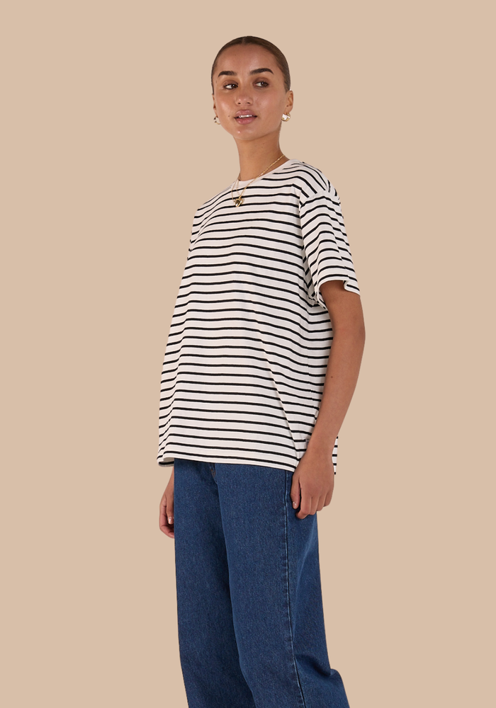Load image into Gallery viewer, FEATHER + NOISE CARTER TEE - BLACK AND WHITE STRIPE