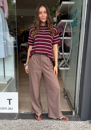 FEATHER + NOISE JASPER KNITTED TEE - BURGUNDY WHITE STRIPE