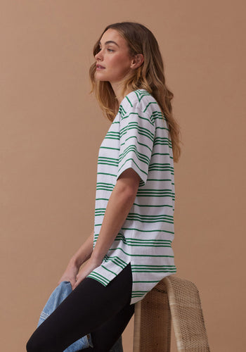CERES LIFE LONGLINE STEP HEM TEE - KELLY STRIPE