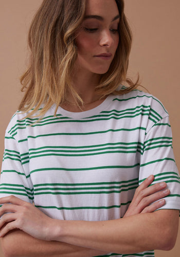 CERES LIFE LONGLINE STEP HEM TEE - KELLY STRIPE