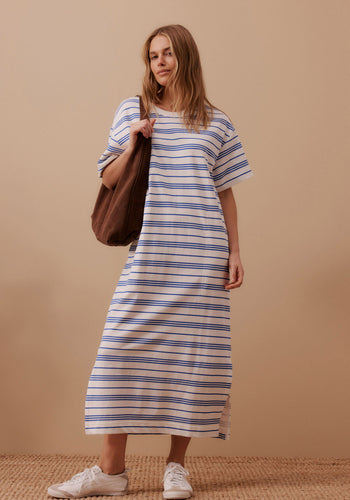 CERES LIFE CHARLOTTE MIDI TERRY DRESS - WHITE & AZURE STRIPE
