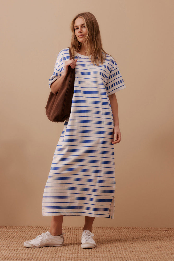 Load image into Gallery viewer, CERES LIFE CHARLOTTE MIDI TERRY DRESS - WHITE & AZURE STRIPE