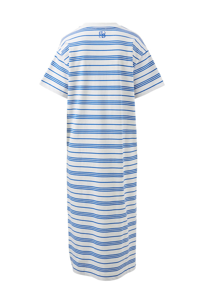 Load image into Gallery viewer, CERES LIFE CHARLOTTE MIDI TERRY DRESS - WHITE & AZURE STRIPE