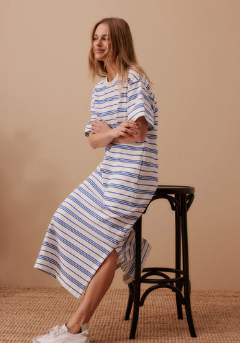CERES LIFE CHARLOTTE MIDI TERRY DRESS - WHITE & AZURE STRIPE