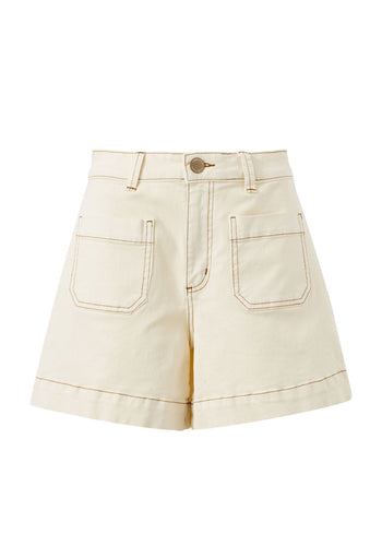 CERES LIFE ESTHER DENIM PATCH POCKET SHORTS - EGGSHELL