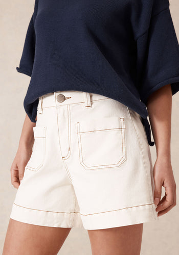 CERES LIFE ESTHER DENIM PATCH POCKET SHORTS - EGGSHELL