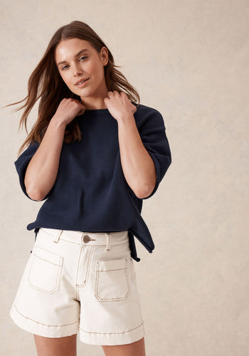 CERES LIFE ESTHER DENIM PATCH POCKET SHORTS - EGGSHELL