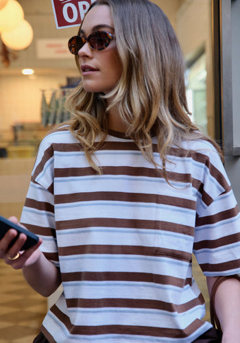CERES LIFE BOXY POCKET TEE - MILK CHOC CHALK STRIPE