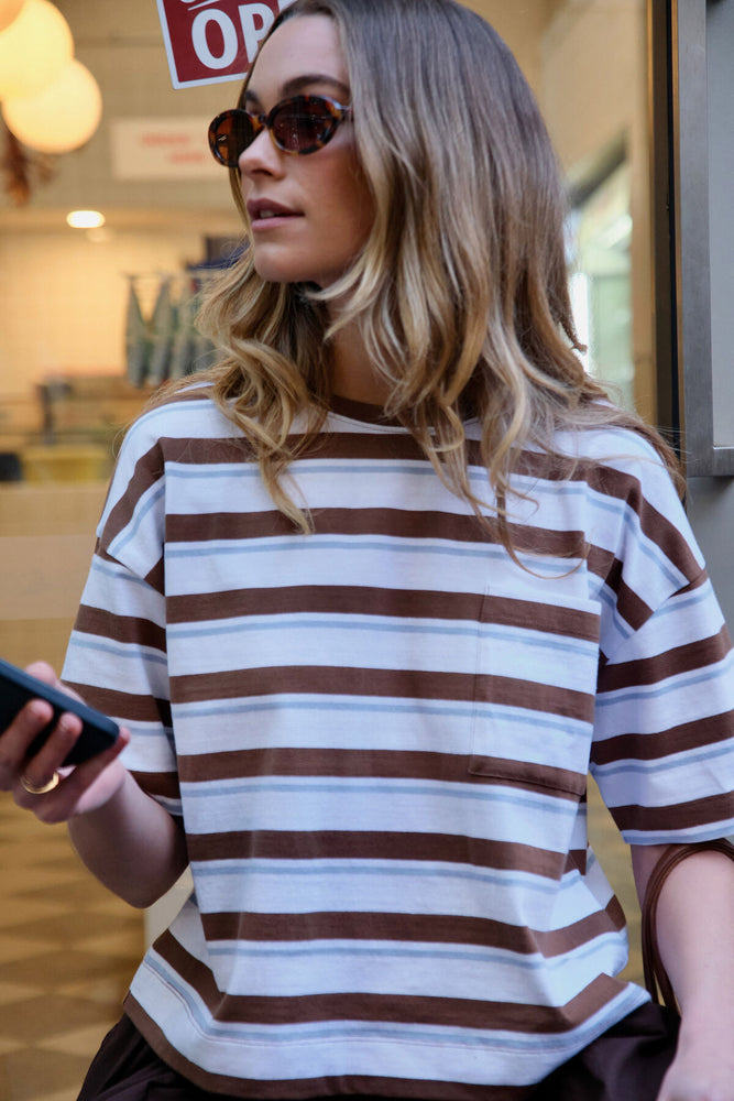 Load image into Gallery viewer, CERES LIFE BOXY POCKET TEE - MILK CHOC CHALK STRIPE