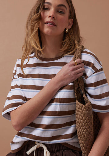 CERES LIFE BOXY POCKET TEE - MILK CHOC CHALK STRIPE