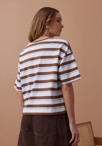 CERES LIFE BOXY POCKET TEE - MILK CHOC CHALK STRIPE