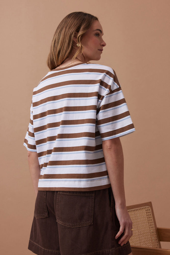 Load image into Gallery viewer, CERES LIFE BOXY POCKET TEE - MILK CHOC CHALK STRIPE