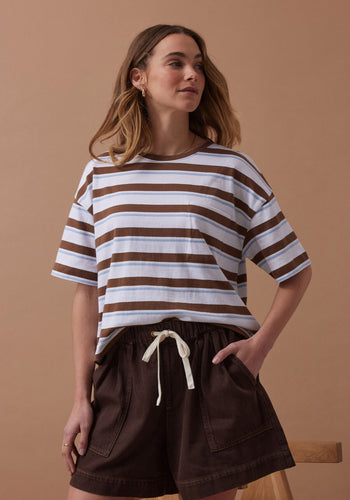 CERES LIFE BOXY POCKET TEE - MILK CHOC CHALK STRIPE