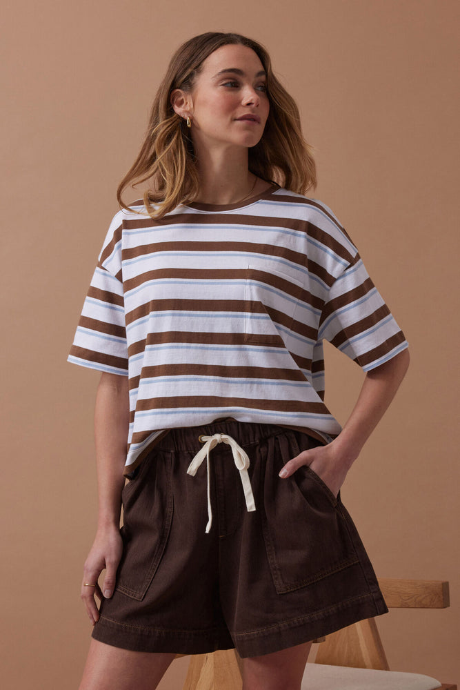Load image into Gallery viewer, CERES LIFE BOXY POCKET TEE - MILK CHOC CHALK STRIPE