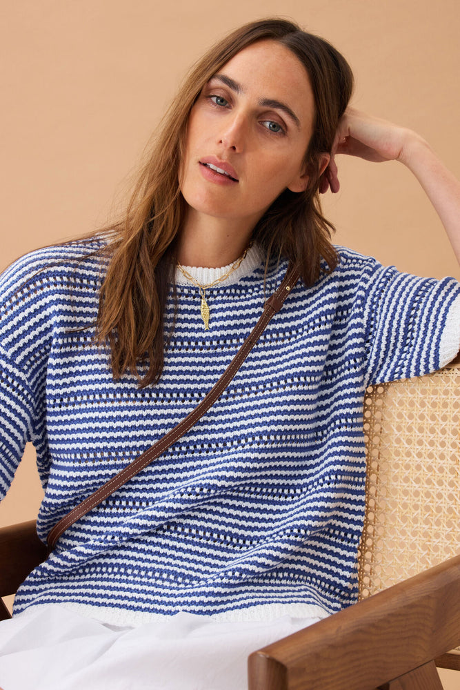 Load image into Gallery viewer, CERES LIFE NINA BOXY KNIT TEE - SUMMER BLUE STRIPE