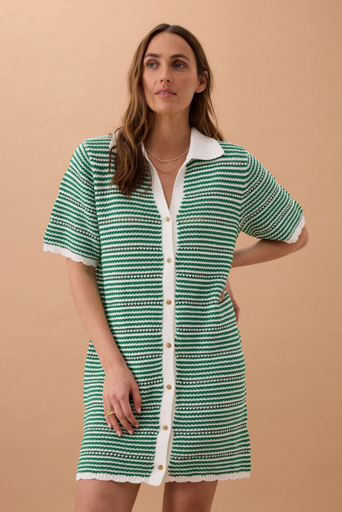 Load image into Gallery viewer, CERES LIFE NALA KNIT MINI DRESS - KELLY GREEN STRIPE