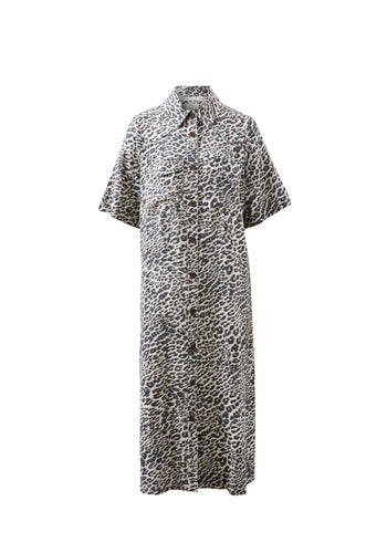 CERES LIFE AVA SHORT SLEEVE YOKE DETAIL MIDI DRESS - LEOPARD