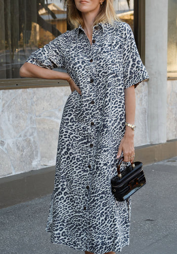 CERES LIFE AVA SHORT SLEEVE YOKE DETAIL MIDI DRESS - LEOPARD