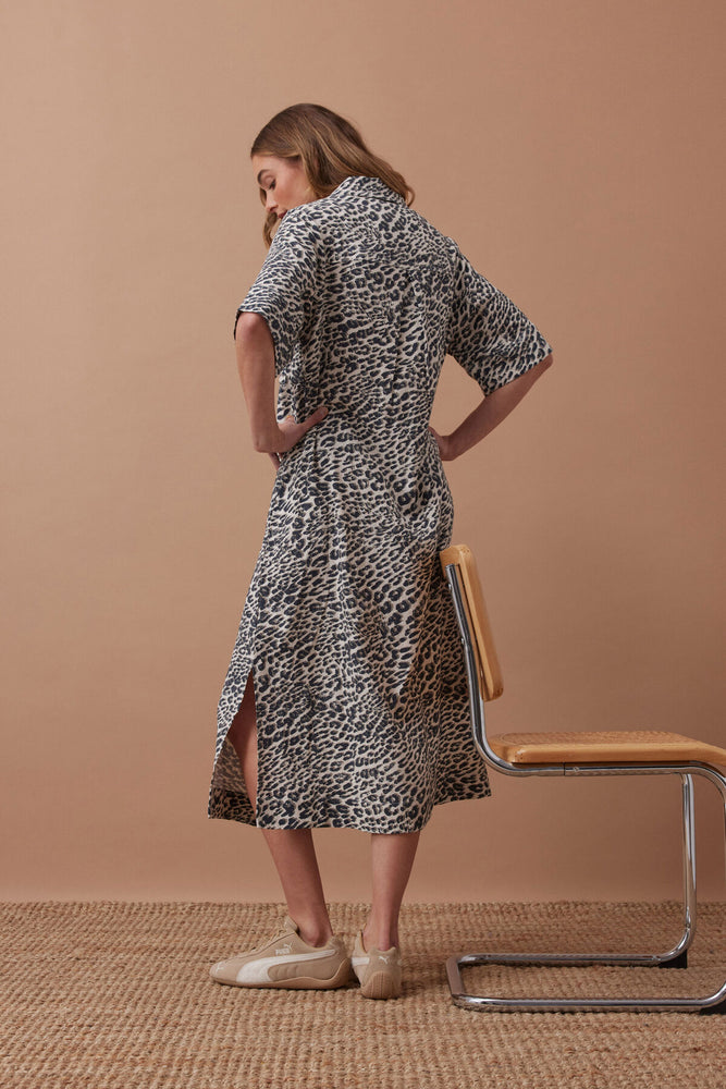 Load image into Gallery viewer, CERES LIFE AVA SHORT SLEEVE YOKE DETAIL MIDI DRESS - LEOPARD