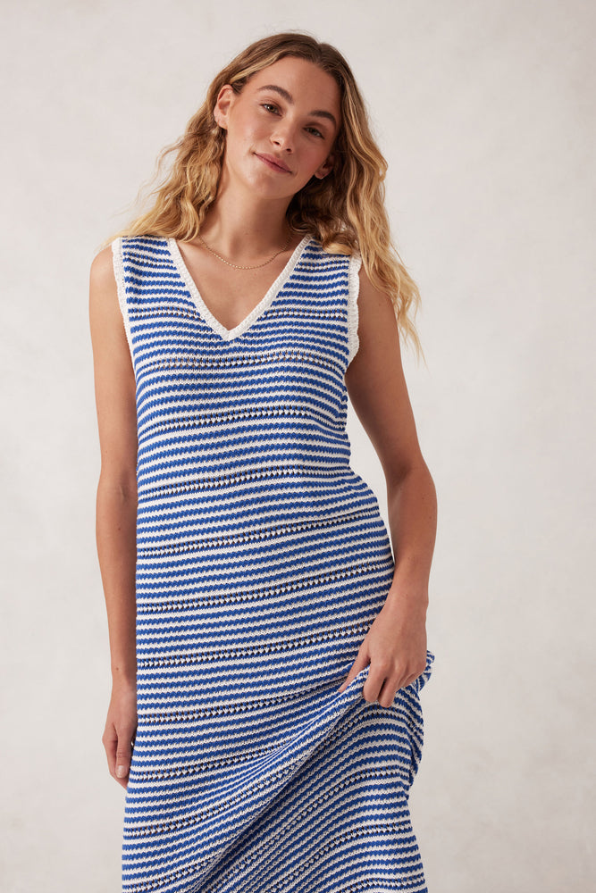 Load image into Gallery viewer, CERES LIFE NOVA KNIT MIDI TANK DRESS - SUMMER BLUE STRIPE