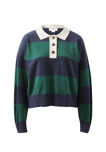 CERES LIFE LONG SLEEVE RUGBY KNIT - GREEN & NAVY STRIPE