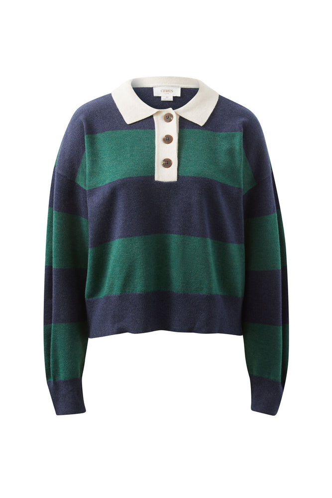 Load image into Gallery viewer, CERES LIFE LONG SLEEVE RUGBY KNIT - GREEN & NAVY STRIPE