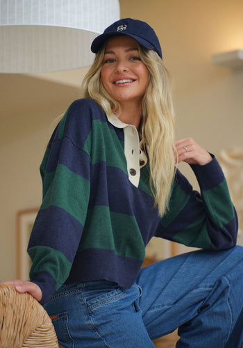 CERES LIFE LONG SLEEVE RUGBY KNIT - GREEN & NAVY STRIPE
