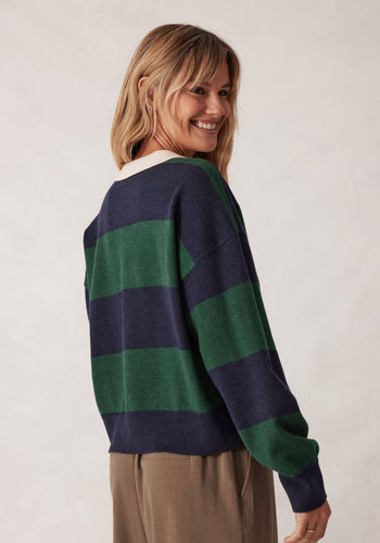 CERES LIFE LONG SLEEVE RUGBY KNIT - GREEN & NAVY STRIPE