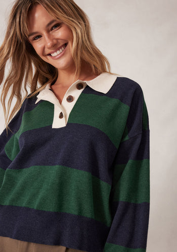CERES LIFE LONG SLEEVE RUGBY KNIT - GREEN & NAVY STRIPE