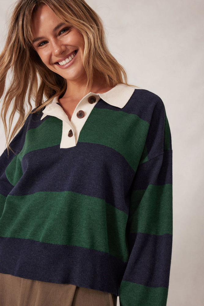 Load image into Gallery viewer, CERES LIFE LONG SLEEVE RUGBY KNIT - GREEN & NAVY STRIPE