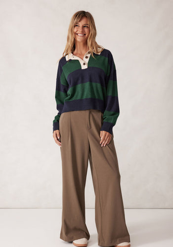 CERES LIFE LONG SLEEVE RUGBY KNIT - GREEN & NAVY STRIPE