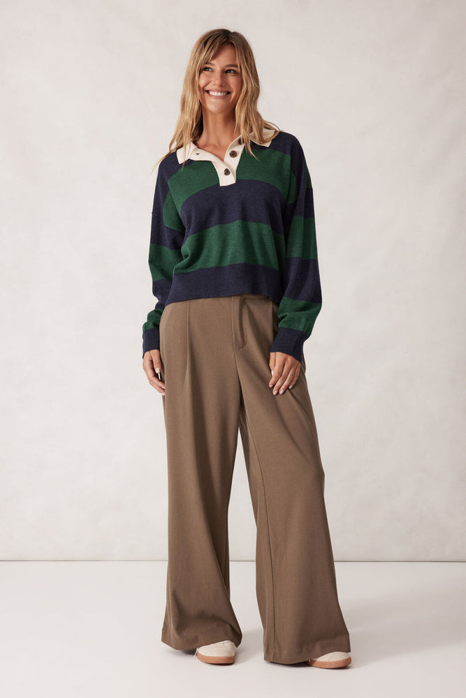 Load image into Gallery viewer, CERES LIFE LONG SLEEVE RUGBY KNIT - GREEN & NAVY STRIPE