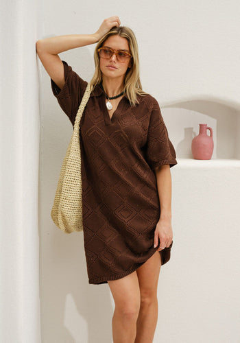CERES LIFE DAISY DIAMOND KNIT MINI DRESS - CHOCOLATE