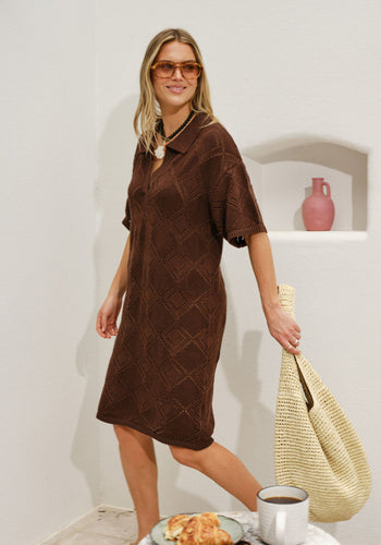 CERES LIFE DAISY DIAMOND KNIT MINI DRESS - CHOCOLATE
