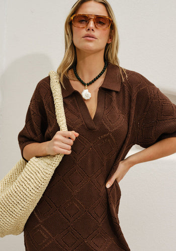 CERES LIFE DAISY DIAMOND KNIT MINI DRESS - CHOCOLATE