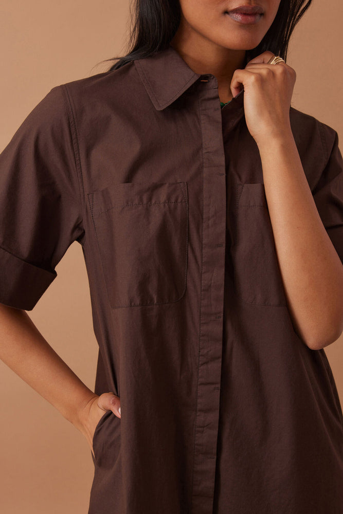 Load image into Gallery viewer, CERES LIFE AVA SHORT SLEEVE MINI DRESS - CHOCOLATE