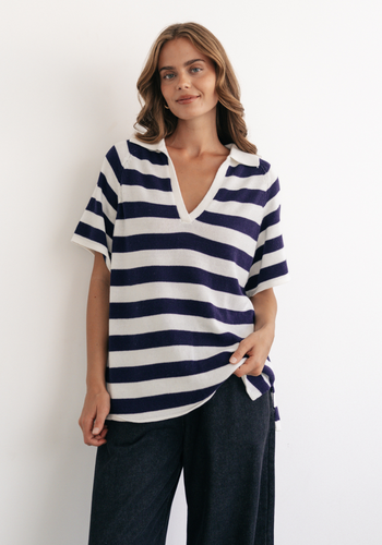 VICTORIA COLLARED KNIT - NAVY & WHITE