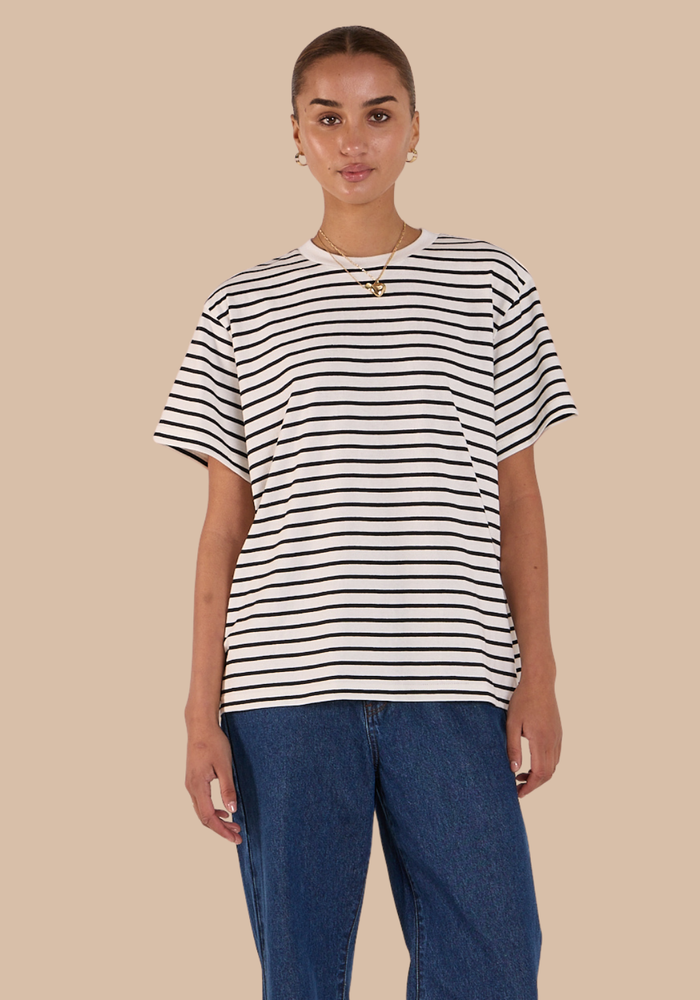 Load image into Gallery viewer, FEATHER + NOISE CARTER TEE - BLACK AND WHITE STRIPE