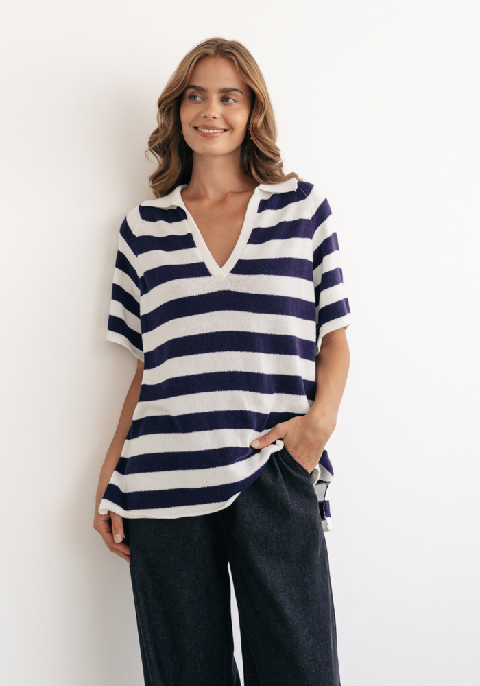 Load image into Gallery viewer, VICTORIA COLLARED KNIT - NAVY & WHITE
