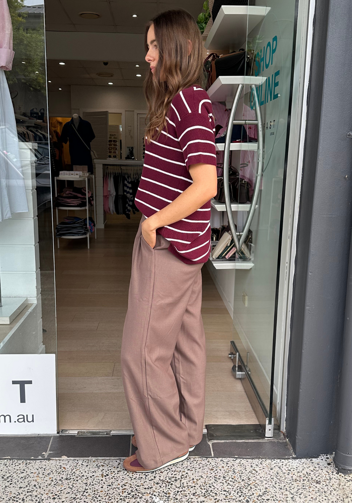 Load image into Gallery viewer, FEATHER + NOISE JASPER KNITTED TEE - BURGUNDY WHITE STRIPE