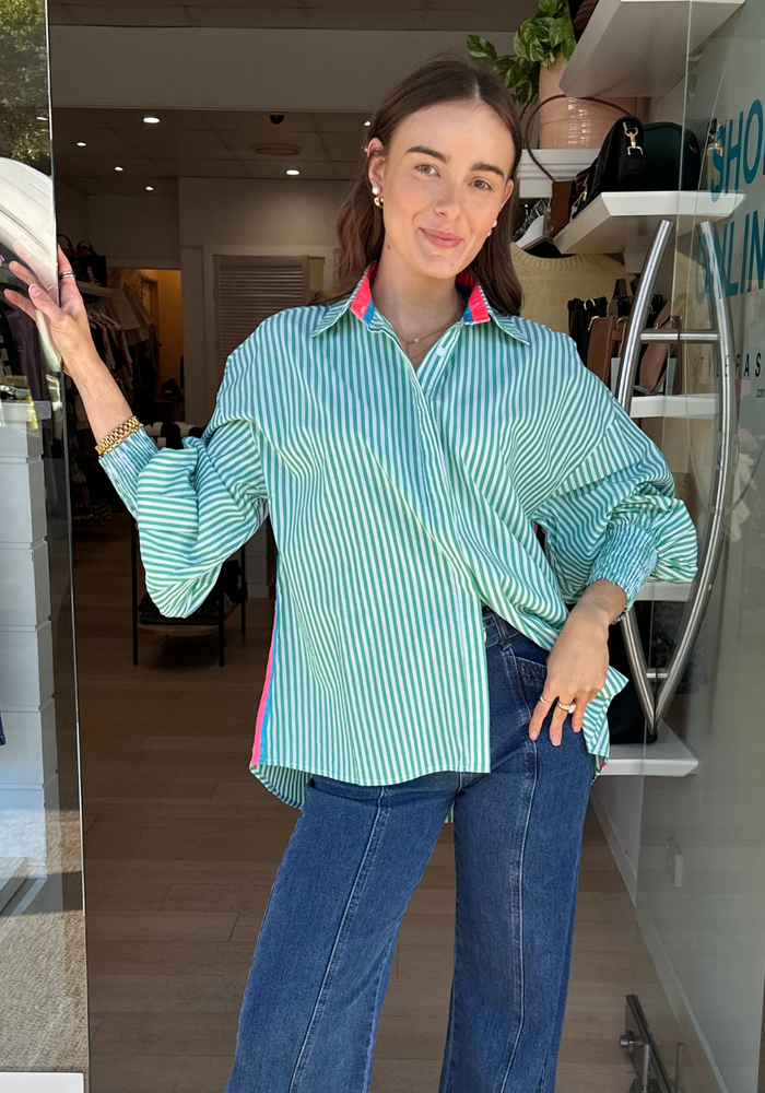 Load image into Gallery viewer, BONNIE BUTTON THROUGH BLOUSE - GREEN STRIPE