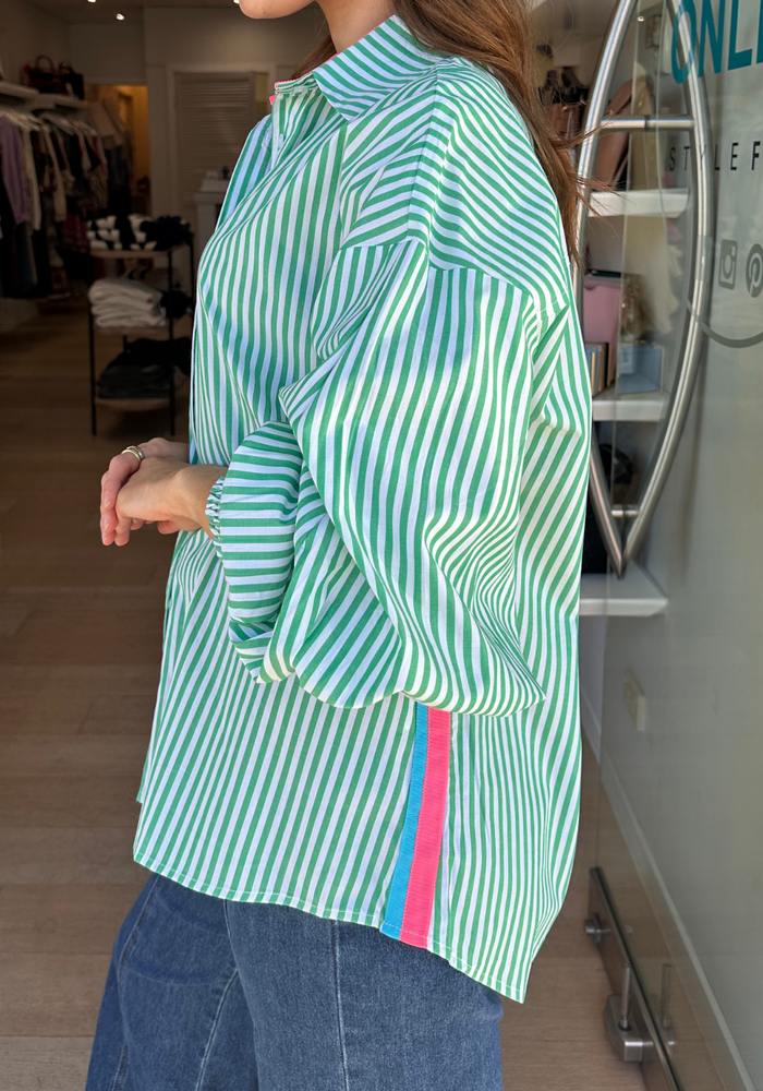 Load image into Gallery viewer, BONNIE BUTTON THROUGH BLOUSE - GREEN STRIPE